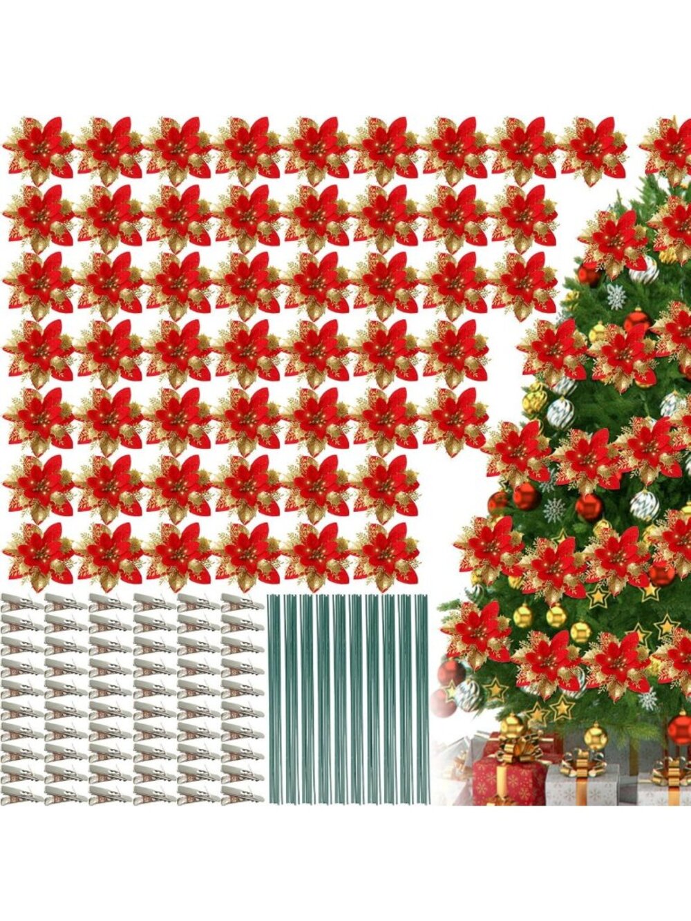 60 Pcs Red & Gold Christmas Poinsettia Flower Decor - 6 Inch Holiday Decorations